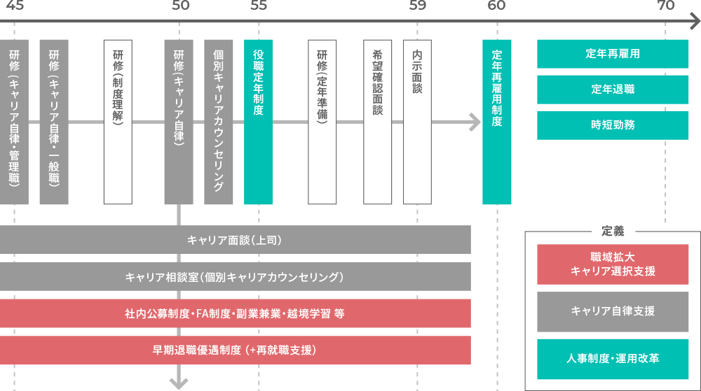 年代ごとにキャリア自律/キャリア選択/制度運用改革の項目にわけて全体像を作成
